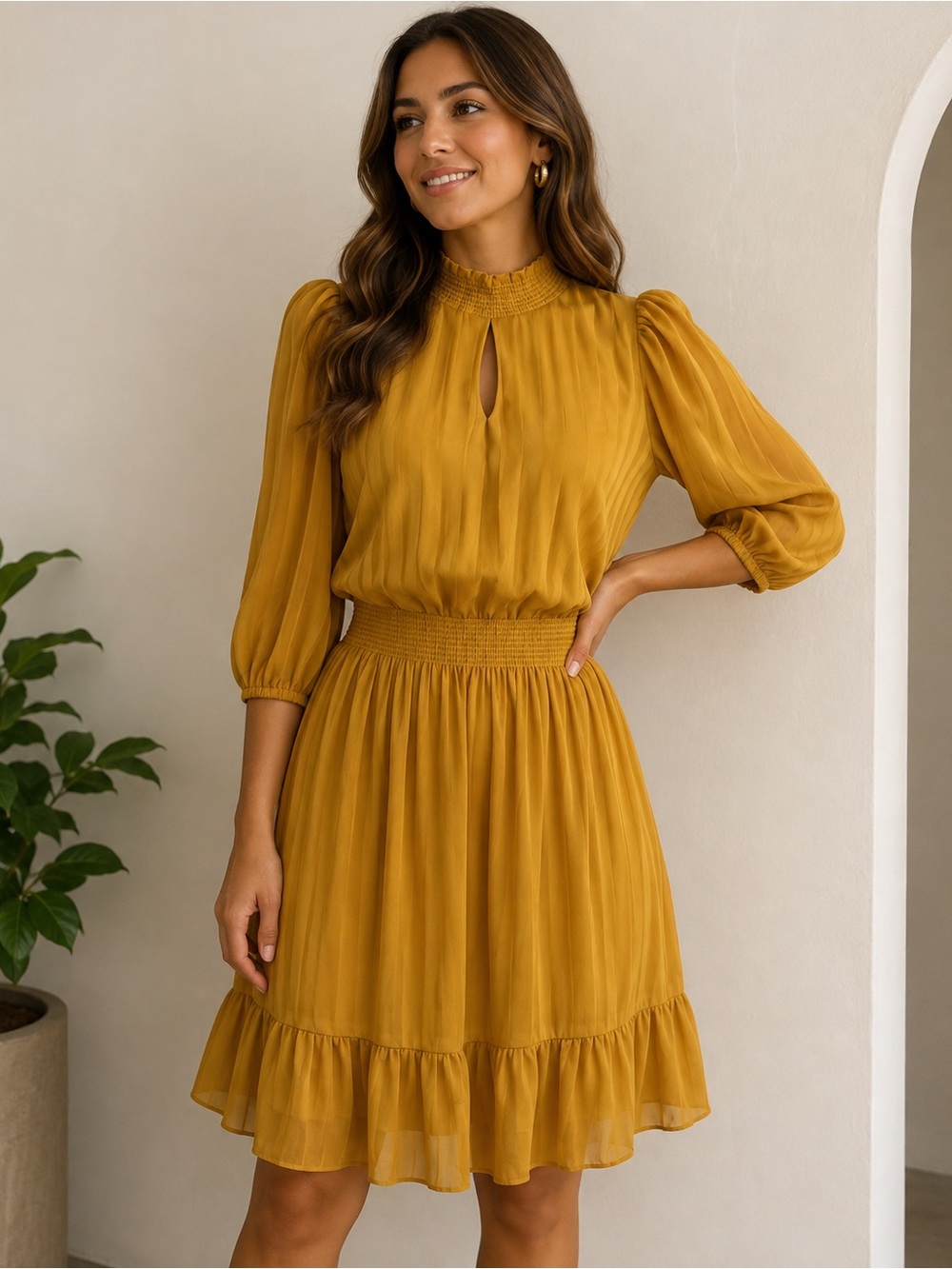 Nanette Lepore Women Dress Smocked Waist Mustard Yellow Midi Dress